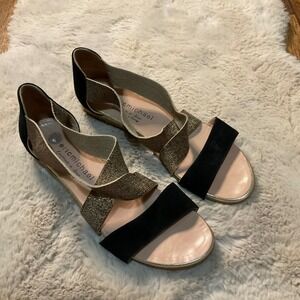 Eric Michael‎ Sandal Size 40 Strappy Elastic Made In Spain Gold Black Wedge